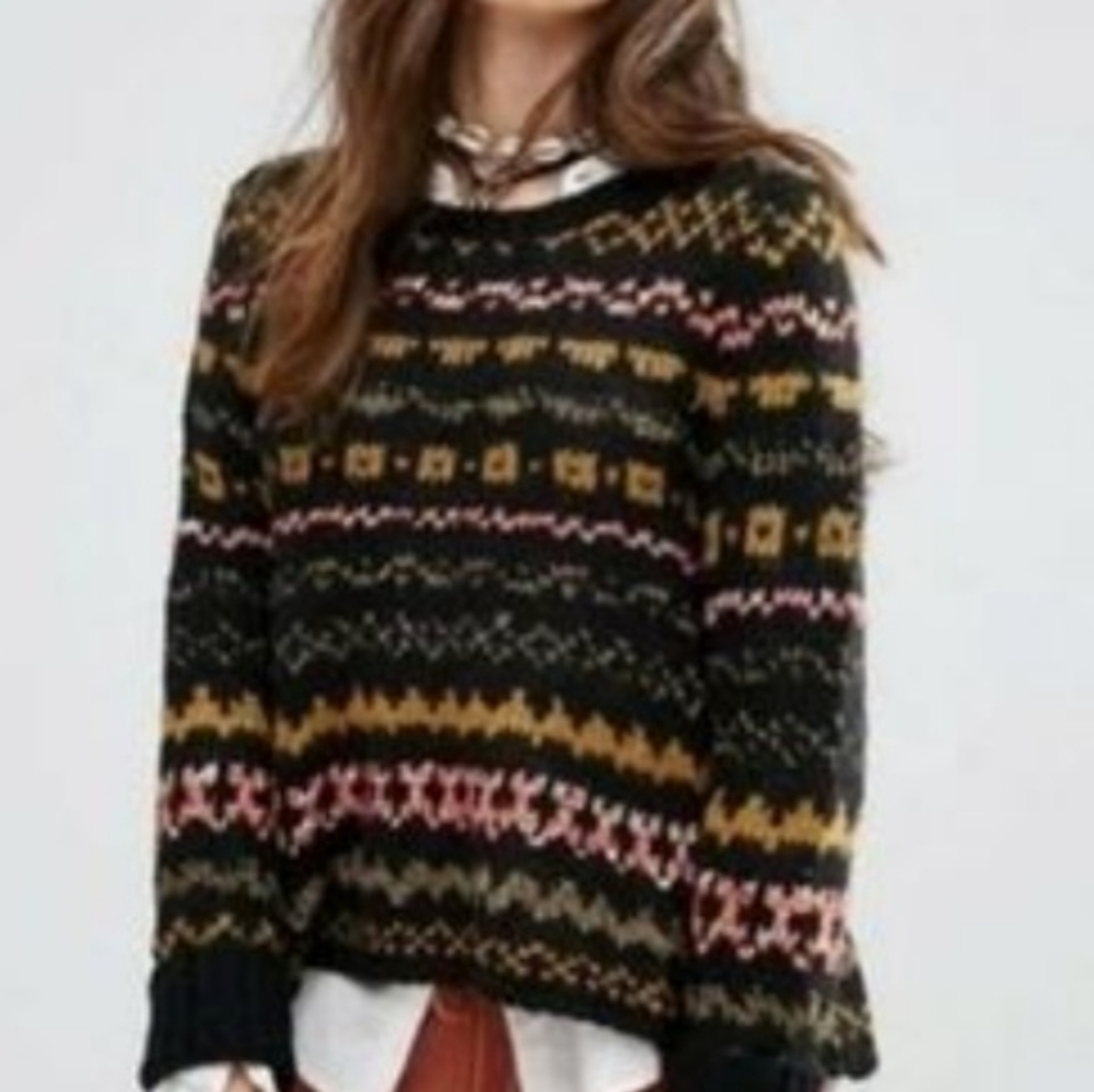 Free People NEW Through The Storm Fair Isle Pullover Sweater Large Chunky
